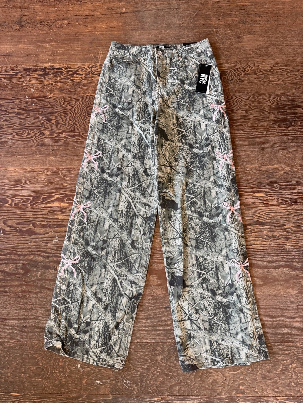 NYC Camo Wide-Leg Jeans with Pink Side Ribbon Bows